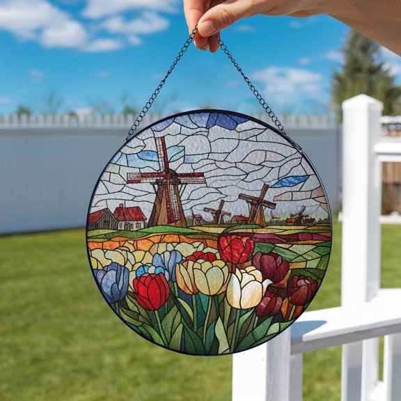 Circular Tulip Field Dutch Windmills Sun Catchers Size 8"