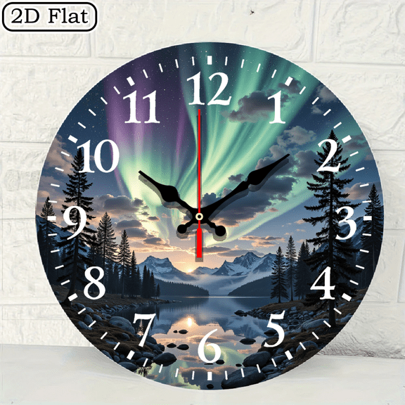 Circular Wall Clock Featuring Majestic Aurora Borealis Over Snowy Mountains and Reflective Lake, 10x10 Inch Decorative Timepiece for Home Decor, Battery Not Included, 1pc
