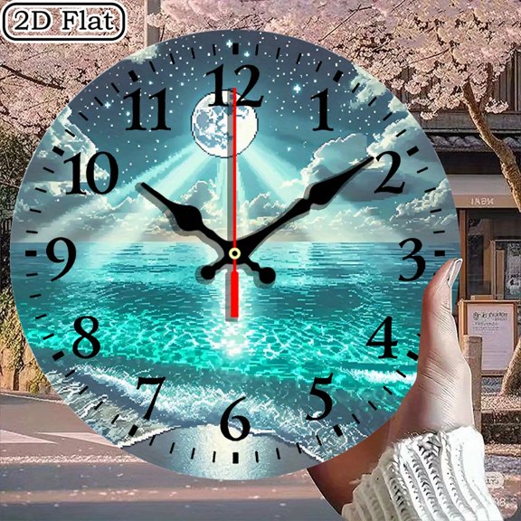 Circular Wall Clock Night Ocean Moonscape Design 10x10 Inch Decorative Timepiece for Home Decor Battery Not Included 1pc