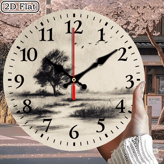 Circular Wall Clock with Serene Landscape Pencil Drawing Print, 10x10 Inch Decorative Analog Timepiece for Living Room or Office, 1pc, Battery Not Included
