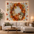 thumbnail image 1 of Circular Wreath with Pumpkins and Lantern on Linen, Cozy Rustic for Nature Lovers, Autumn Home Decor Thanksgiving Gift, Tapestry Wall Hanging for Living Room and Bedroom, 1 of 7
