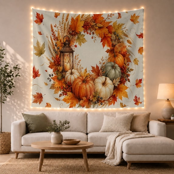 Circular Wreath with Pumpkins and Lantern on Linen, Cozy Rustic for Nature Lovers, Autumn Home Decor Thanksgiving Gift, Tapestry Wall Hanging for Living Room and Bedroom
