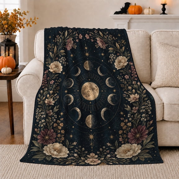 Circular decorative theme Framed By Vintage Flowers, Soft Flannel Blanket with Vintage Celestial Botanical Print, Housewarming Gift and Home Decor for Bedroom and Living Room