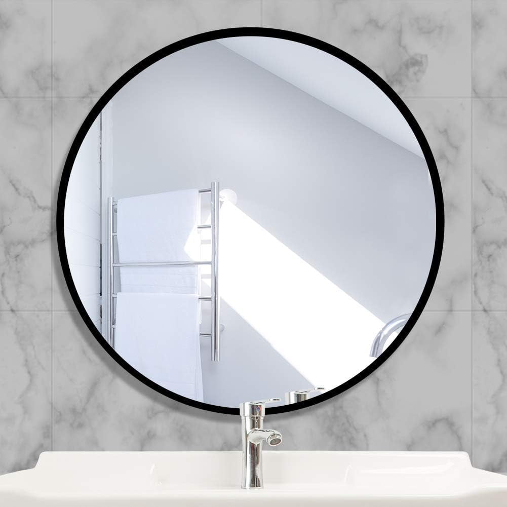 Circular glass mirror 40x40cm high-definition wall mirror with square metal frame, used for dressing table, bathroom, living room, bedroom (black)