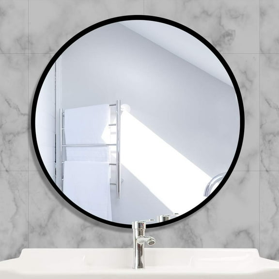 Circular glass mirror 40x40cm high-definition wall mirror with square metal frame, used for dressing table, bathroom, living room, bedroom (black)