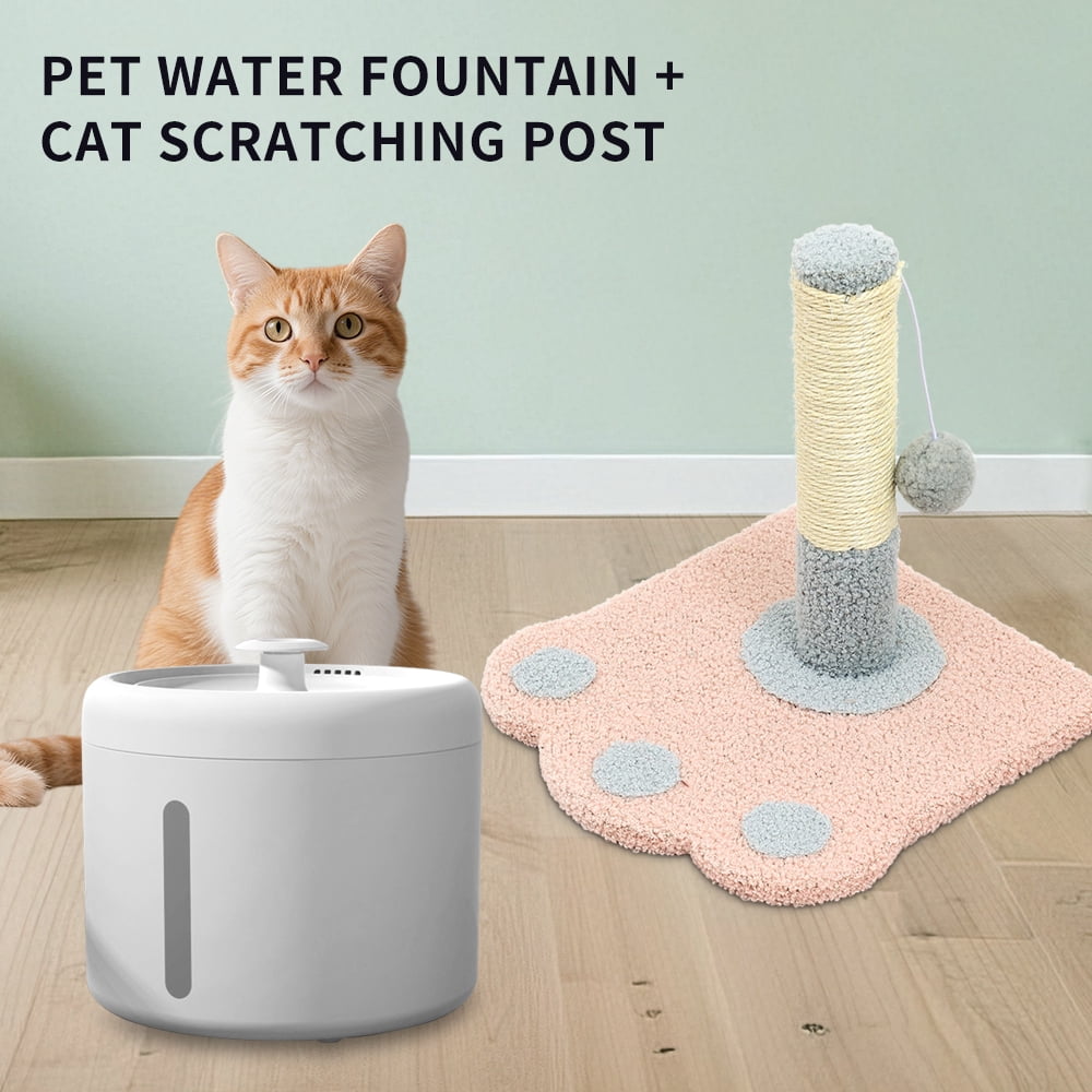 Circulating Cat Water Fountain + Scratching Tower, Ultra Quiet Drinking Dispenser with Ripple Basin, Designed to Increase Hydration for Cats & Small Animals (2000ML)