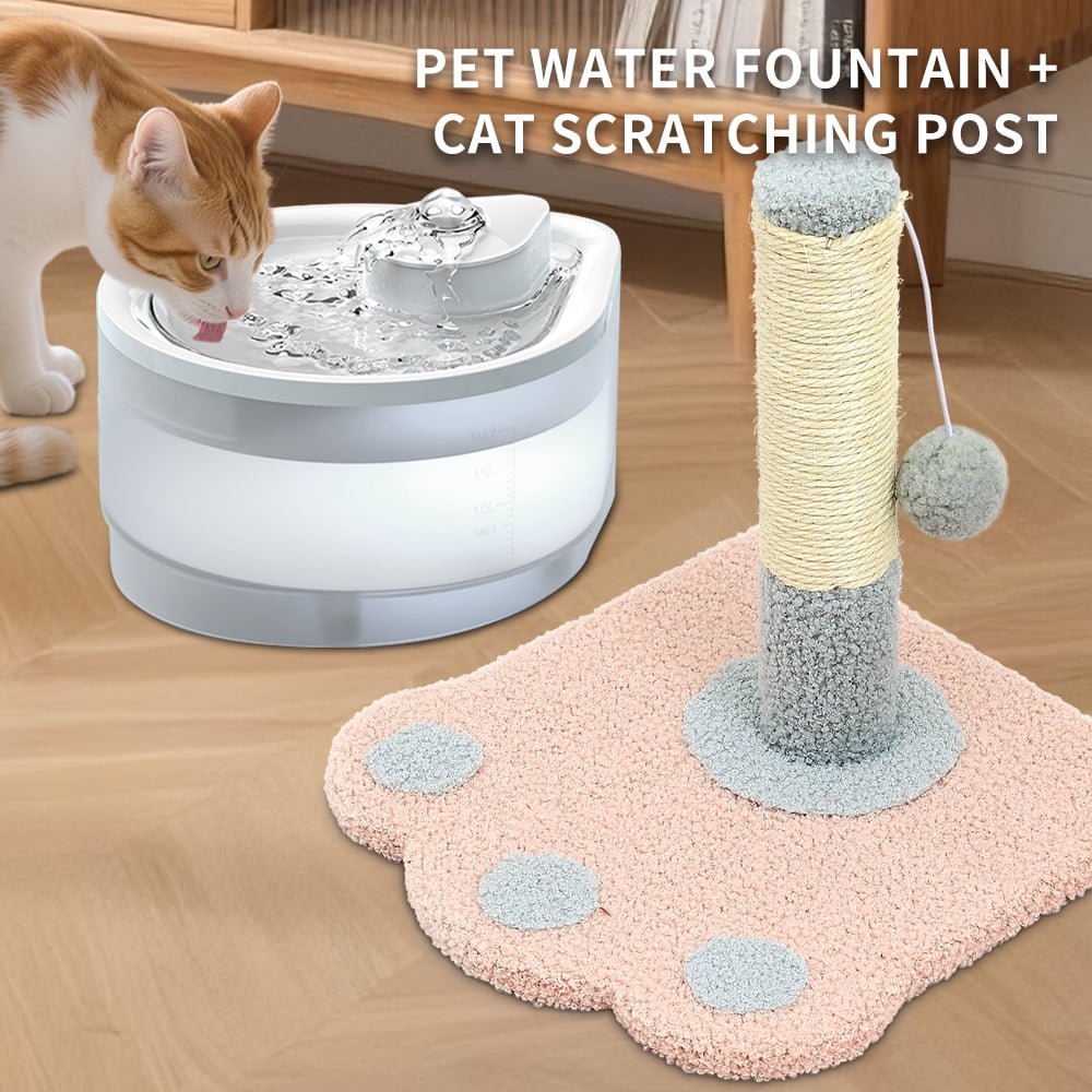 Circulating Cat Water Fountain + Scratching Tower, Ultra Quiet Drinking Dispenser with Ripple Basin, Designed to Increase Hydration for Cats & Small Animals (2500ML)