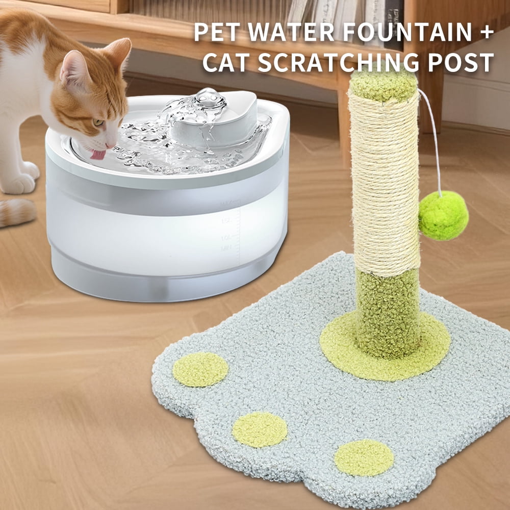 Circulating Cat Water Fountain + Scratching Tower, Ultra Quiet Drinking Dispenser with Ripple Basin, Designed to Increase Hydration for Cats & Small Animals (2500ML)