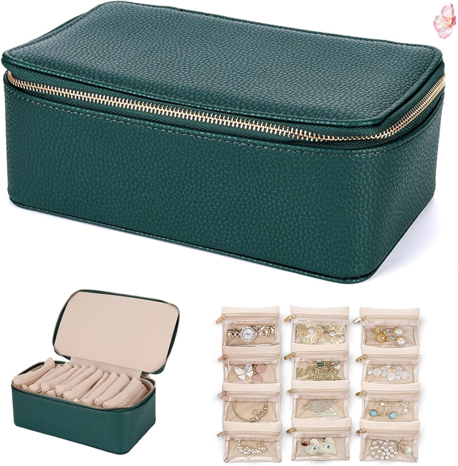 TRODANCE Plush Velvet Travel Jewelry Case - Mini Organizer For Rings, Earrings, Necklaces (Grass Green, 4x4x2\")