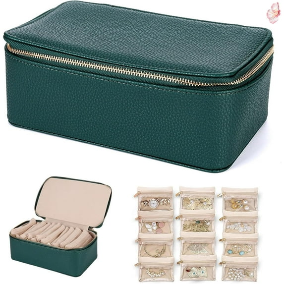 Circulatne Travel Jewelry Box Organizer with 12 Velvet Pouches, Portable PU Leather Jewelry Organizer Box, Storage for Rings, Earrings, Necklaces (Green)