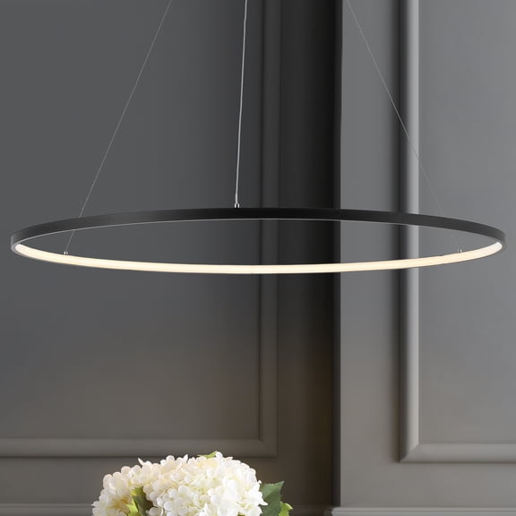 JONATHAN Y Brice 35" Modern Contemporary Metal Round Integrated LED Pendant, Matte Black