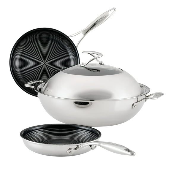 Circulon Clad Stainless Steel Induction Frying Pan and Wok Set with Hybrid SteelShield and Nonstick Technology, 4 Piece - Stainless Steel