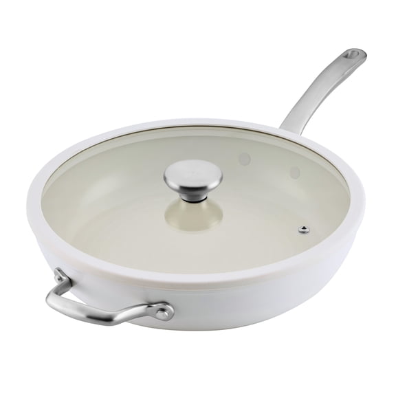 Circulon Halo with LaserDefense 12" Ceramic Nonstick Frying Pan with Lid and Helper Handle, Dishwasher Safe, Induction and Oven Safe to 500F, Pearl White