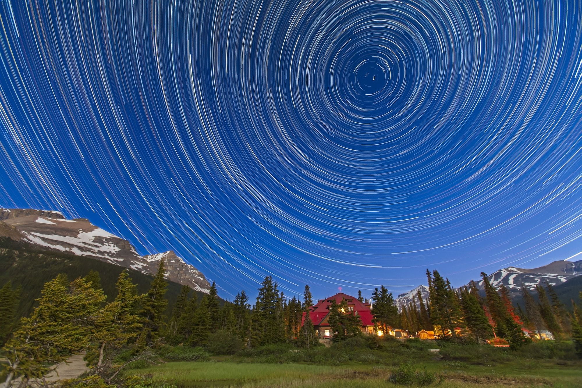 Circumpolar star trails over Banff National Park Alberta Canada Canvas Art - Alan DyerStocktrek Images (35 x 23)