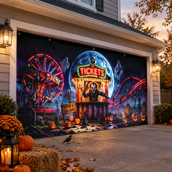 Circus 13x6FT Garage Door Cover, Spooky Evil Circus Themed Outdoor Decor