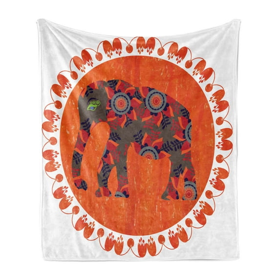 Circus Animals Soft Flannel Fleece Throw Blanket, Style Doodle in the Orange Sun with Vibrant Floral Ornaments, Cozy Plush for Indoor and Outdoor Use, 60" x 80", Multicolor, by Ambesonne