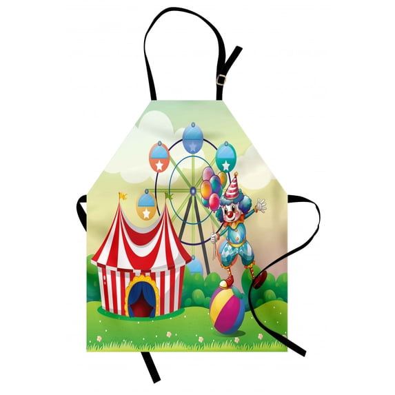 Circus Apron Illustration of a Clown Balancing Above an Inflatable Ball at the Carnival Print, Unisex Kitchen Bib Apron with Adjustable Neck for Cooking Baking Gardening, Multicolor, by Ambesonne