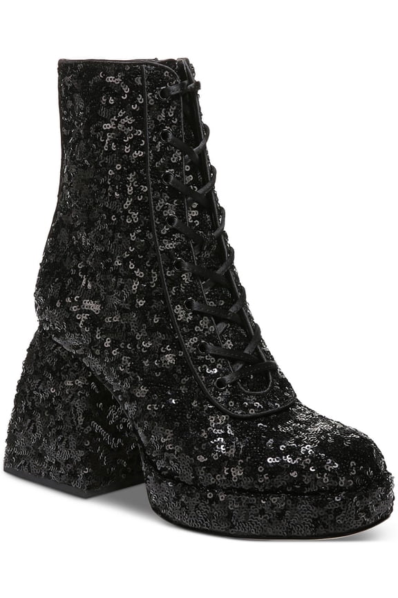 Circus By Sam Edelman Kia Sequin Black Lace Up Side Zip Block Heel Ankle Boots (Black, 6)