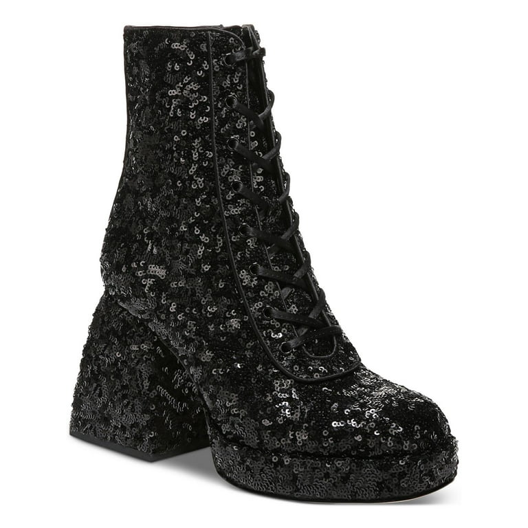 Circus By Sam Edelman Kia Sequin Black Lace Up Side Zip Block Heel Ankle Boots Black 8.5