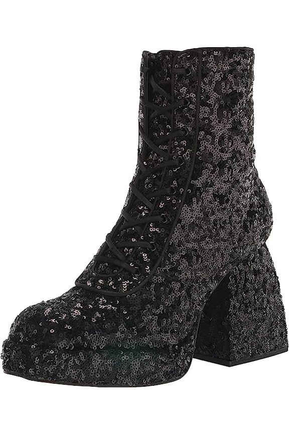 Circus By Sam Edelman Kia Sequin Black Lace Up Side Zip Block Heel Ankle Boots (Black, 9.5)