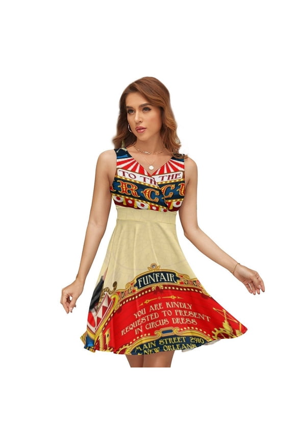 Circus Carnival Invite Vintage Dress Summer Street Style Dresses Female Sleeveless Printed Sundress