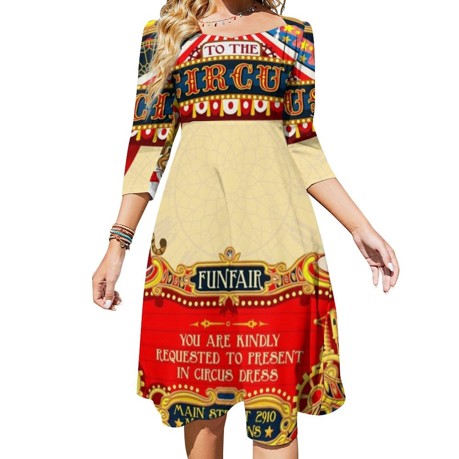 Carnival All Over Puffed Sleeve Woven Dress