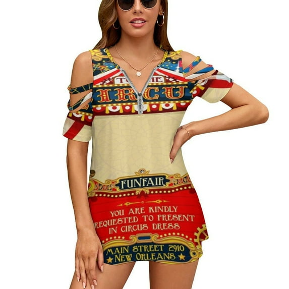 Circus Carnival Invite Vintage Womens Summer V Neck Zipper Top Short Sleeve T Shirt Off Shoulder Top Casual Classy Loose Shirts