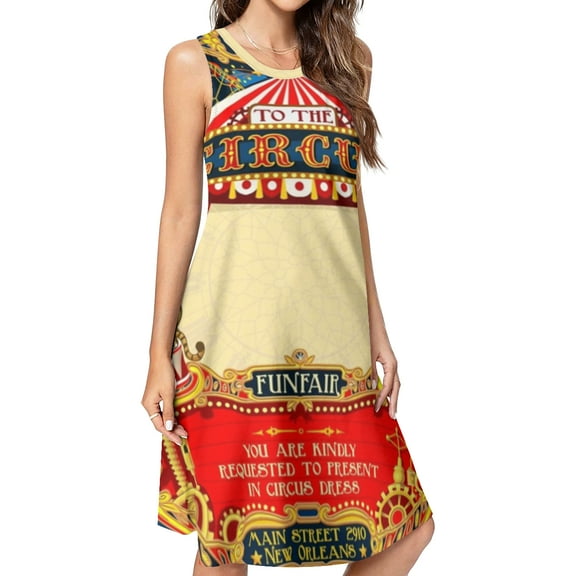 Circus Carnival Invite vintage Spring Summer Dresses for Women Fashion T-shirt Dress Casual Sleeveless Loose Sundress with Pockets