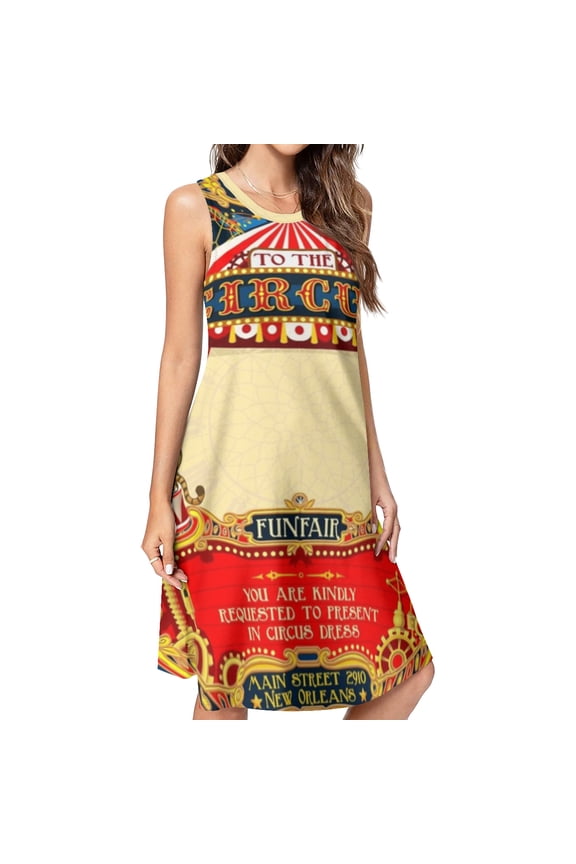Circus Carnival Invite vintage Spring Summer Dresses for Women Fashion T-shirt Dress Casual Sleeveless Loose Sundress with Pockets