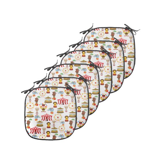 Circus Chair Seating Cushion Set of 6, Circus Bear Monkey Animals Merry Go Round Magic Classic Celebration Print, Seat Pads for Office with Anti-slip Backing, 16"x16", Multicolor, by Ambesonne