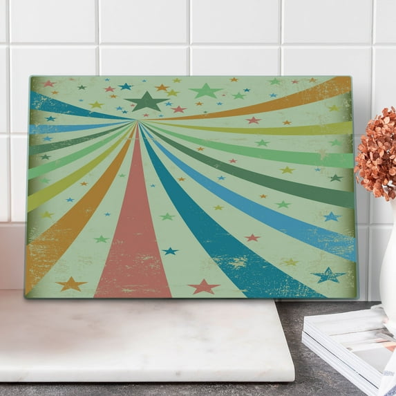 Circus Cutting Board, Colorful Carnival Background with Rainbow Spectrum Rays and Stars on Grungy Texture, Decorative Tempered Glass Cutting and Serving Board, in 3 Sizes, by Ambesonne