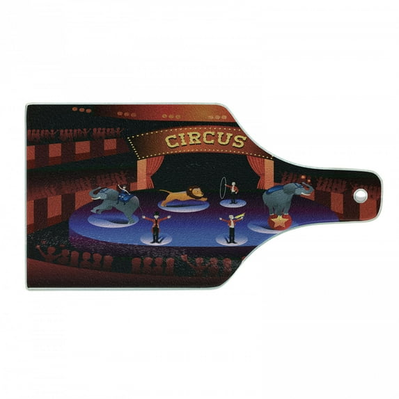 Circus Cutting Board, Graphic Image of a Performance on Stage with Lettering Above Audience Show Time, Decorative Tempered Glass Cutting and Serving Board, in 3 Sizes, by Ambesonne