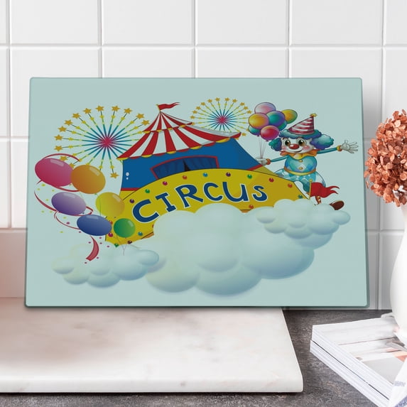 Circus Cutting Board, Illustration of a Circus Above the Clouds Entertainer Comedian Show Print, Decorative Tempered Glass Cutting and Serving Board, Large Size, Multicolor, by Ambesonne
