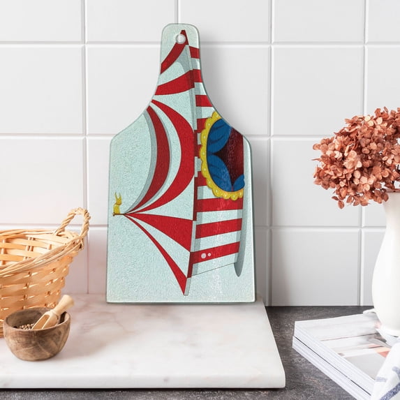 Circus Cutting Board, Illustration of Retro Flag Nostalgic Fun Festival Carnival Venue, Decorative Tempered Glass Cutting and Serving Board, Wine Bottle Shape, Red White, by Ambesonne