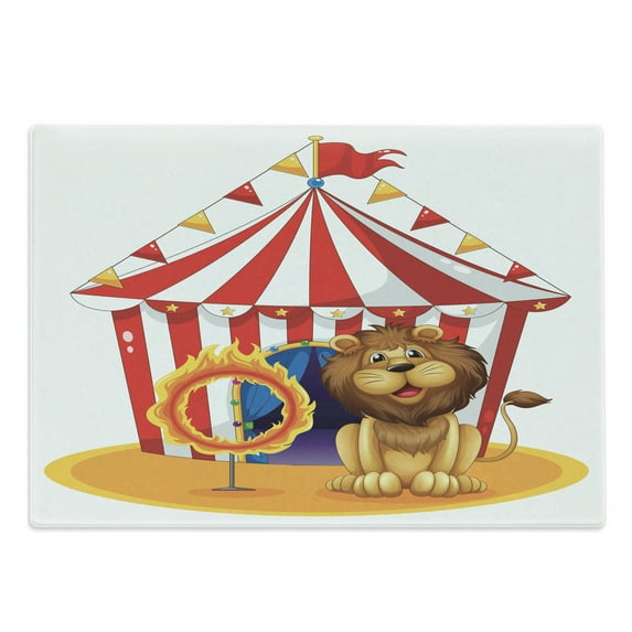 Circus Cutting Board, Lion Beside the Hoop at the Circus Old Fashion King of Forest Illustration, Decorative Tempered Glass Cutting and Serving Board, Large Size, Multicolor, by Ambesonne