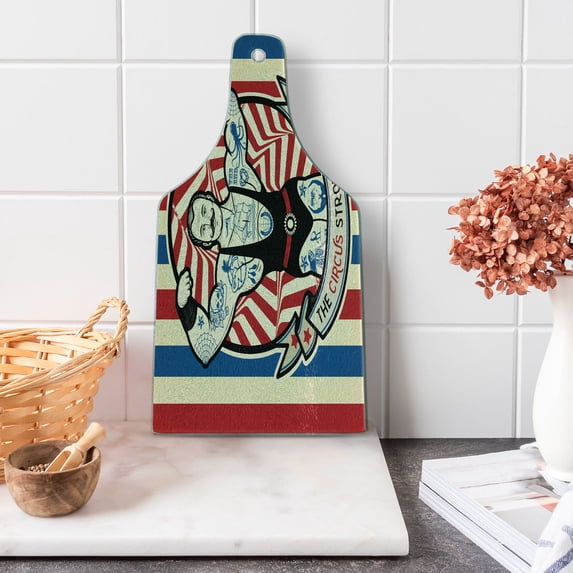 Circus Cutting Board, Nostalgic the Strong Man Tattoos and Muscles Star Fun Art Print, Decorative Tempered Glass Cutting and Serving Board, Wine Bottle Shape, Beige Red Blue, by Ambesonne