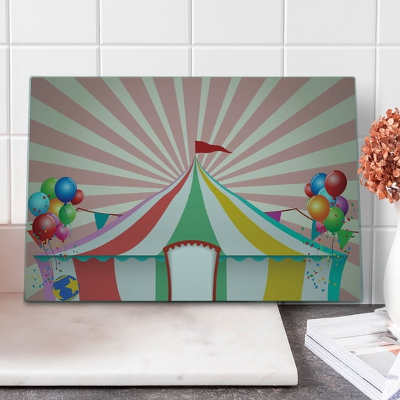 Circus Cutting Board, Old Style Vintage Circus Tent with Balloons Carnival Celebration Performance Animals, Decorative Tempered Glass Cutting and Serving Board, Large Size, Multicolor, by Ambesonne