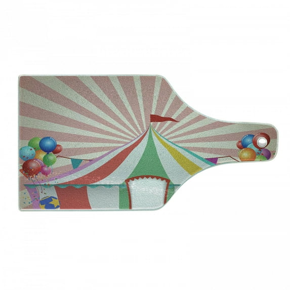 Circus Cutting Board, Old Style Vintage Circus Tent with Balloons Carnival Celebration Performance Animals, Tempered Glass Cutting and Serving Board, Wine Bottle Shape, Multicolor, by Ambesonne
