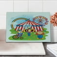 thumbnail image 1 of Circus Cutting Board, Circus Scene with Clowns on Grass Rainbow Ferris Wheel Happy Bubbles Theme, Decorative Tempered Glass Cutting and Serving Board, Small Size, Multicolor, by Ambesonne, 1 of 5