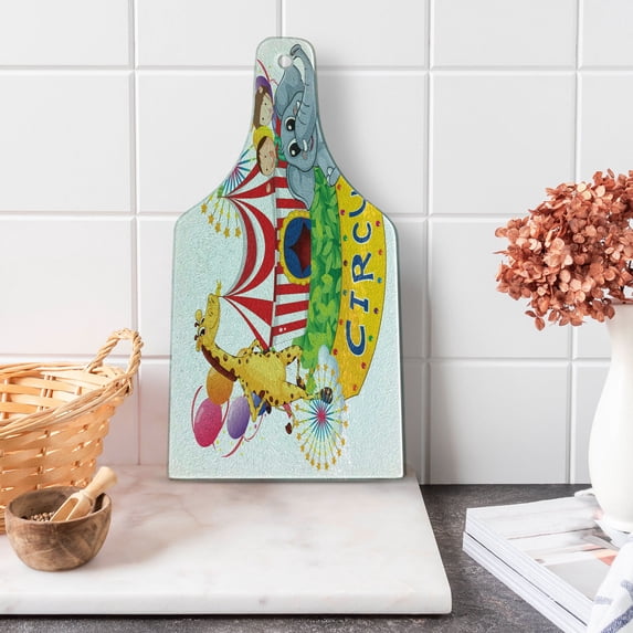 Circus Cutting Board, Show Animals Smiling Magician and Happiness Themed Illustration, Decorative Tempered Glass Cutting and Serving Board, Wine Bottle Shape, Multicolor, by Ambesonne