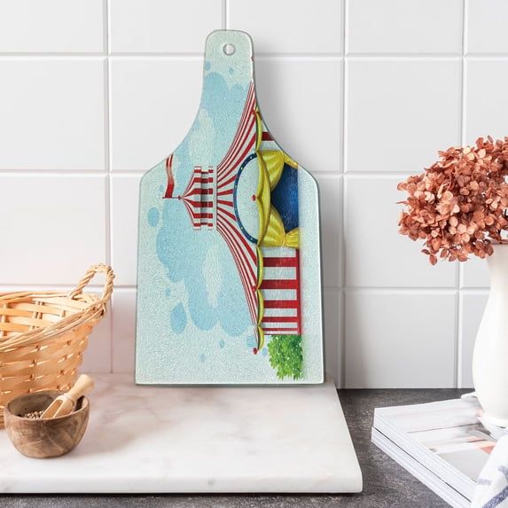 Circus Cutting Board, Striped Strolling Marquee Tent Flag Art Holiday Leisure Time Fun Print, Decorative Tempered Glass Cutting and Serving Board, Wine Bottle Shape, Multicolor, by Ambesonne