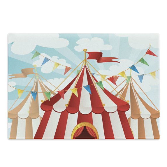 Circus Cutting Board, Circus Stripes Sunshines Through Cloudy Sky Traditional Performing Arts Theme, Decorative Tempered Glass Cutting and Serving Board, Large Size, Blue White Red, by Ambesonne
