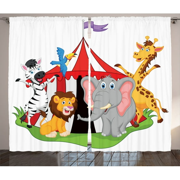 Ambesonne Animal Curtains 2 Panel Set, Circus Tent Giraffe Mime, 108" x 90", Red Green Yellow