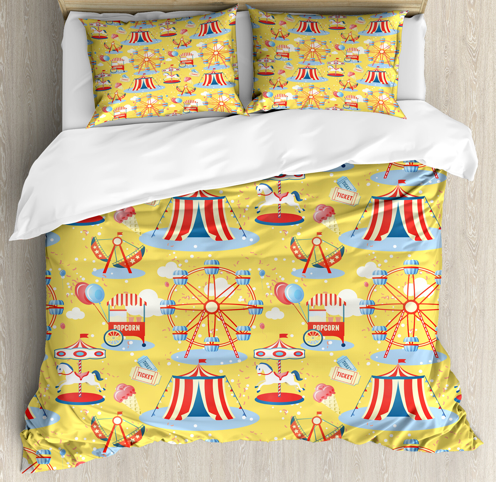 Circus Duvet Cover Set, Amusement Park Pattern with Ferris Wheel