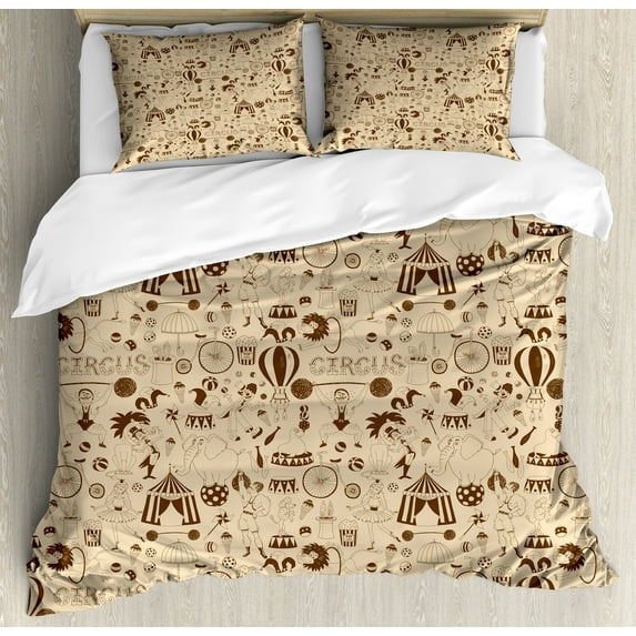 Circus Duvet Cover Set, Continuous Sketchy Drawn Funny Elements Various Entertainment Tricks Animals, Decorative 3 Piece Bedding Set with 2 Pillow Shams, Queen Size, Beige Chocolate, by Ambesonne