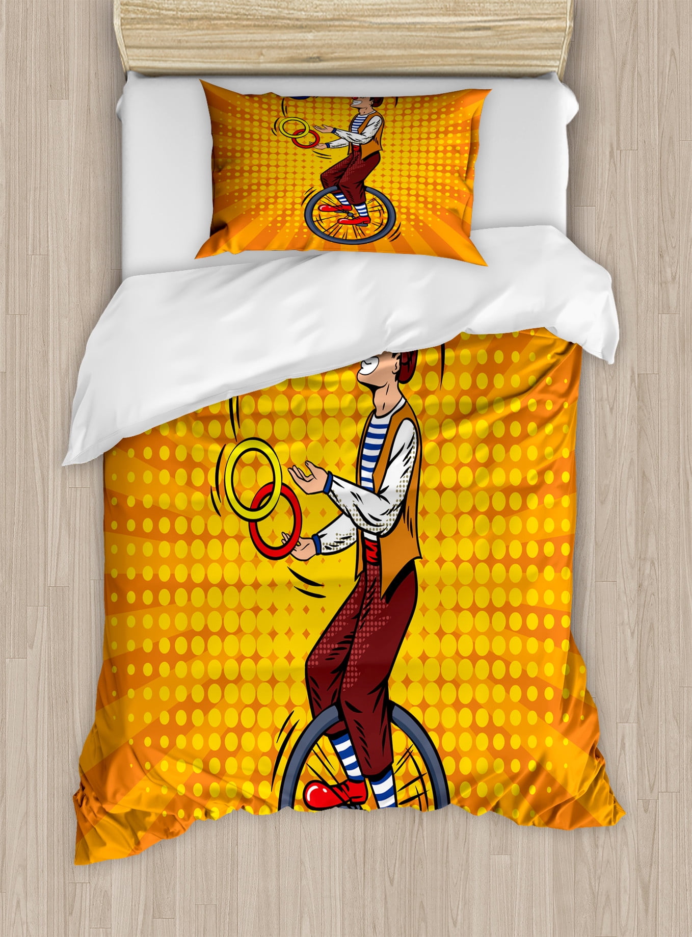 Circus Duvet Cover Set Disc Juggler Man on Unicycle Comic Book Inspired Design on Pop Art Rays Decorative 2 Piece Bedding Set with 1 Pillow Shams