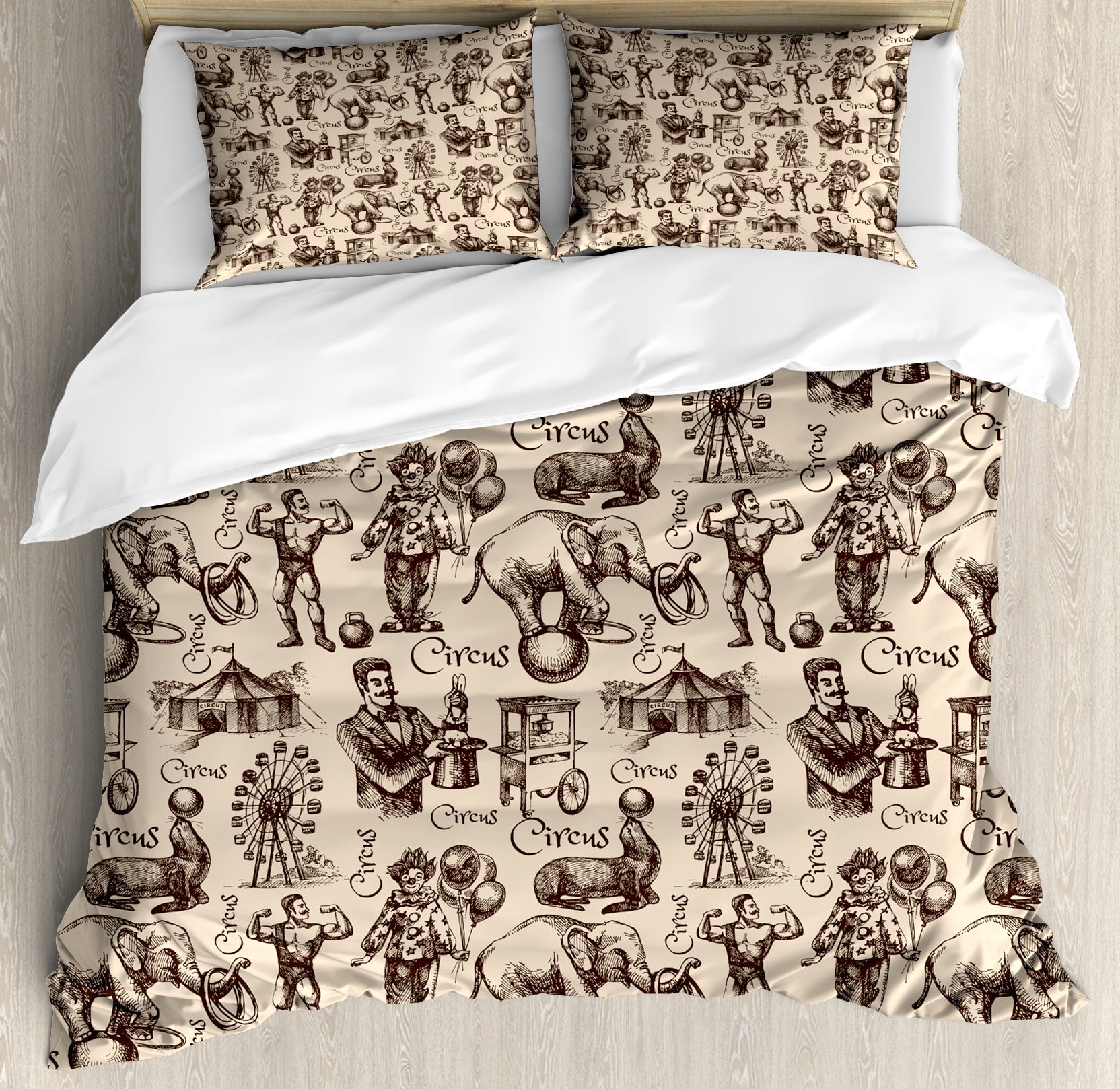 Beige Dark Brown Circus Sketch King Microfiber Duvet Cover Set