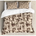 thumbnail image 1 of Circus Duvet Cover Set, Hand Drawn Sketch Style Clown Magician Strong Man Ferris Wheel Tent, Decorative 3 Piece Bedding Set with 2 Pillow Shams, Queen Size, Beige Dark Brown, by Ambesonne, 1 of 3