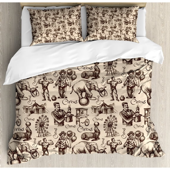 Circus Duvet Cover Set, Hand Drawn Sketch Style Clown Magician Strong Man Ferris Wheel Tent, Decorative 3 Piece Bedding Set with 2 Pillow Shams, Queen Size, Beige Dark Brown, by Ambesonne