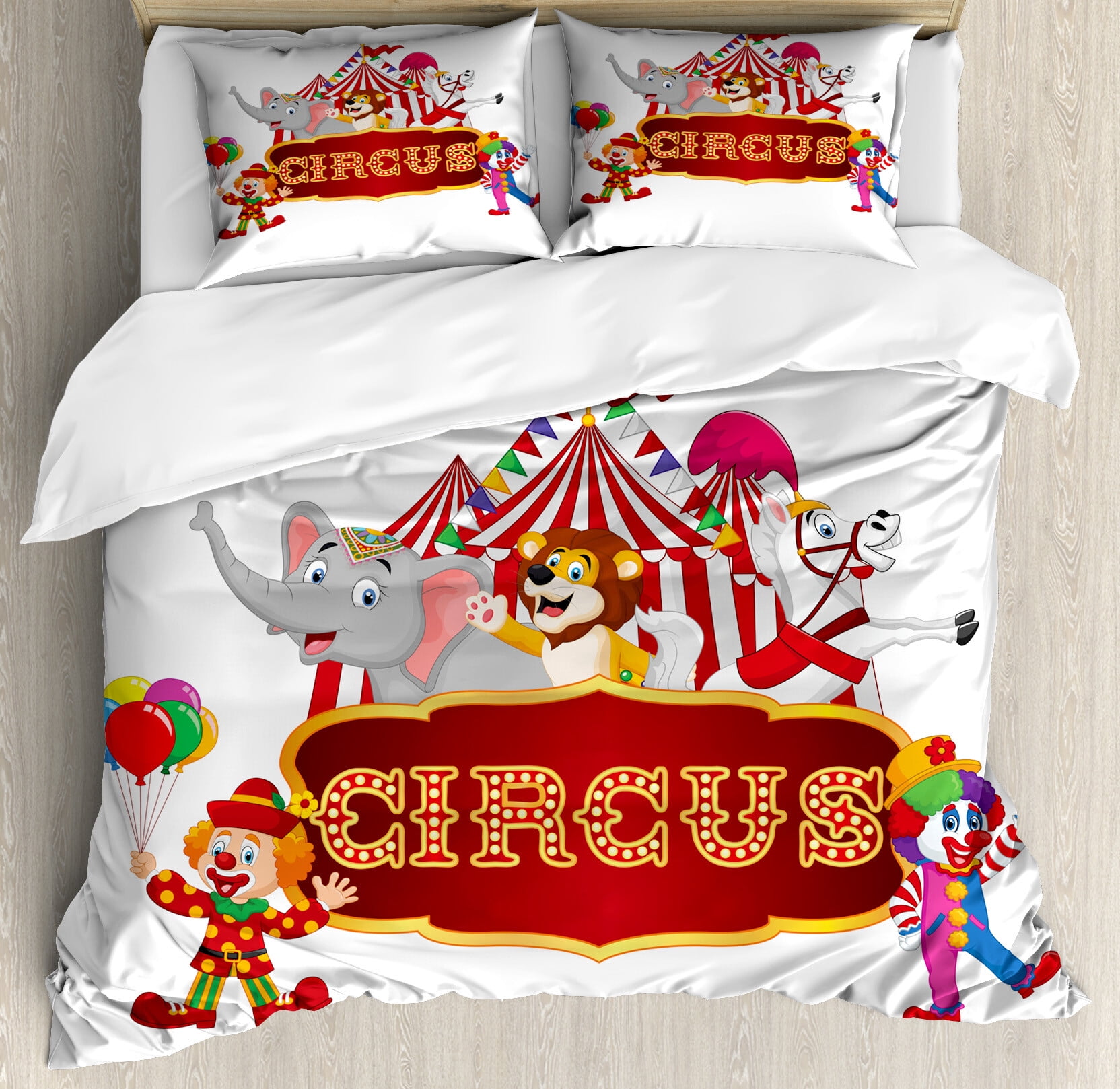 King Red White Circus Animal Duvet Cover Set